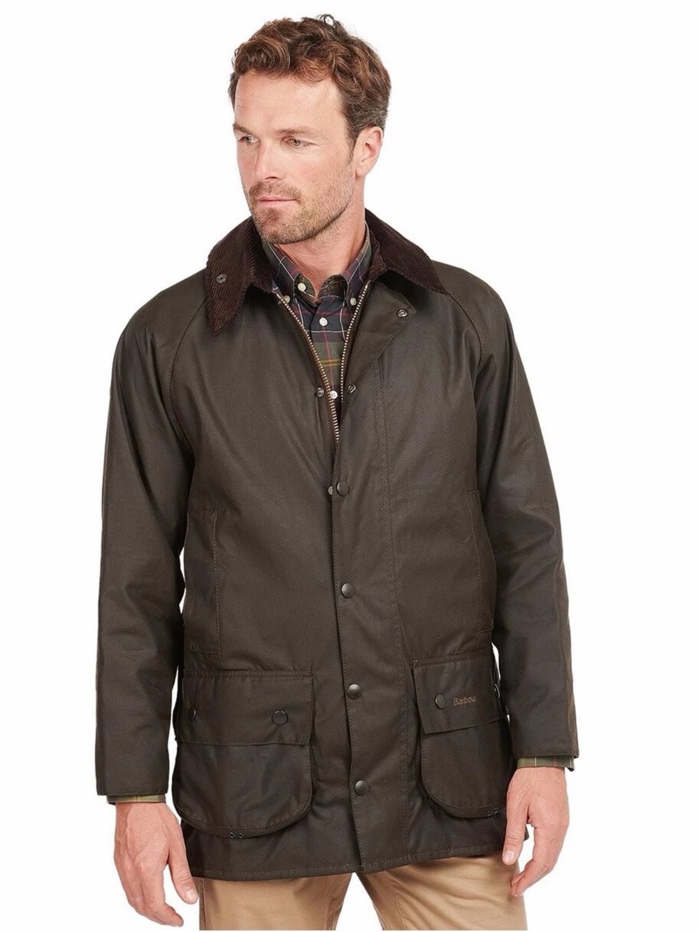 Barbour Dark Olive Waxed Cotton Field Jacket with Brown Corduroy Collar